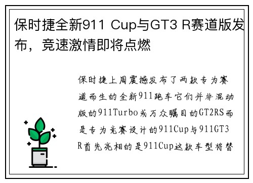 保时捷全新911 Cup与GT3 R赛道版发布,竞速激情即将点燃 保时捷全新911 Cup与GT3 R赛道版发布,竞速激情即将点燃
