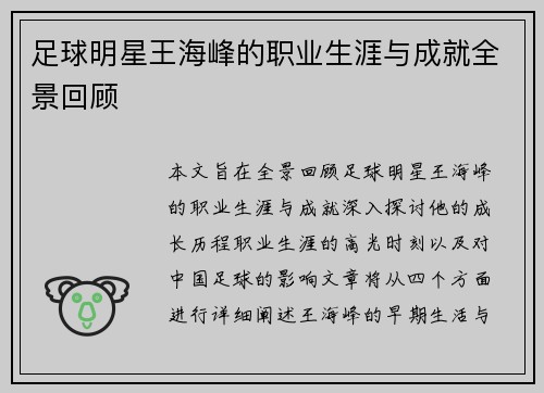 足球明星王海峰的职业生涯与成就全景回顾